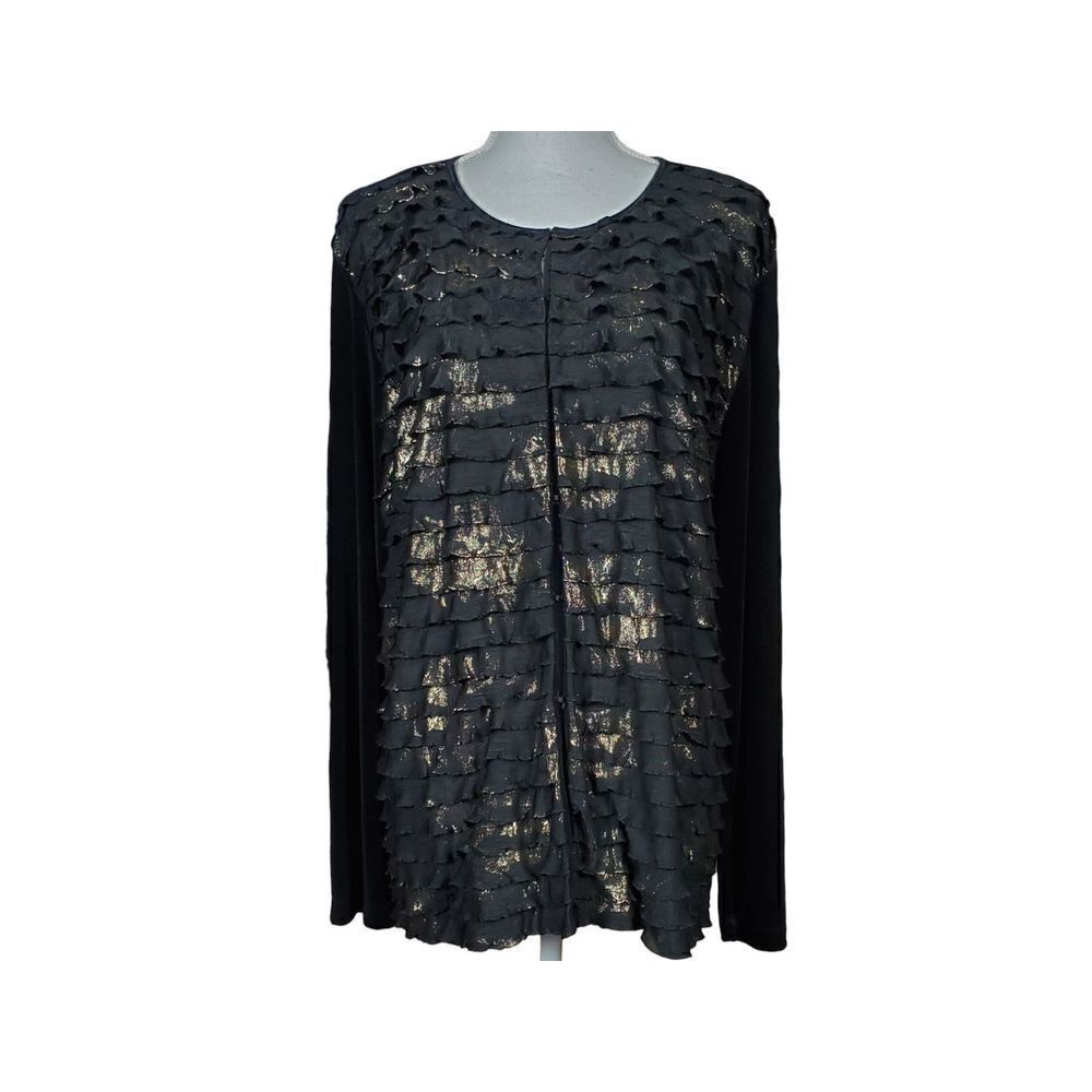 Chico's Travelers Cardigan Size XL 3 Shimmery Ruffles Black Gold Elegant Gala - Picture 10 of 10